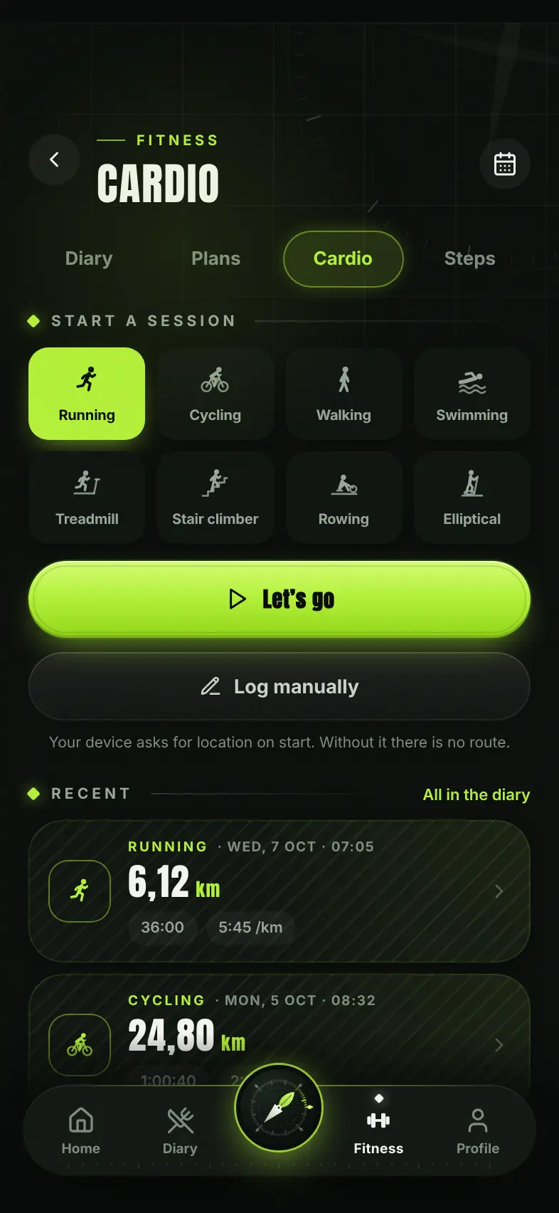 Start a cardio session: running, cycling, walking, swimming