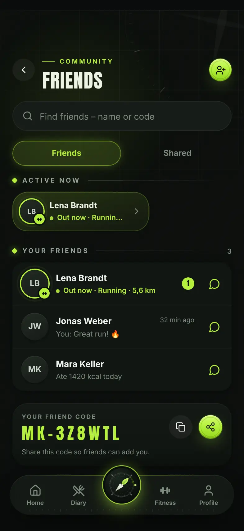 Friends view with a live workout