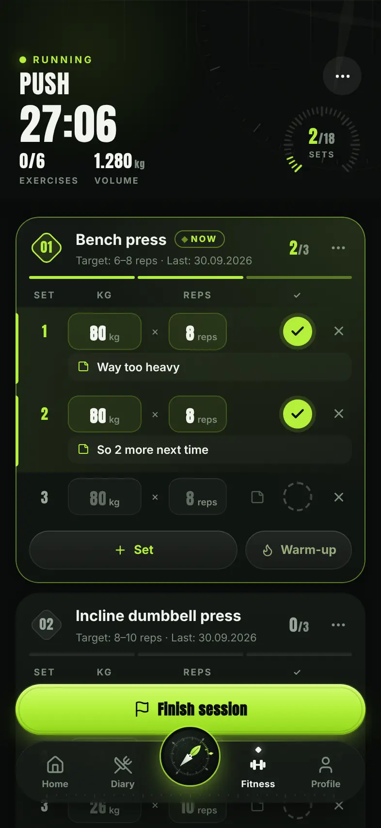Live gym session with sets, weights and progress