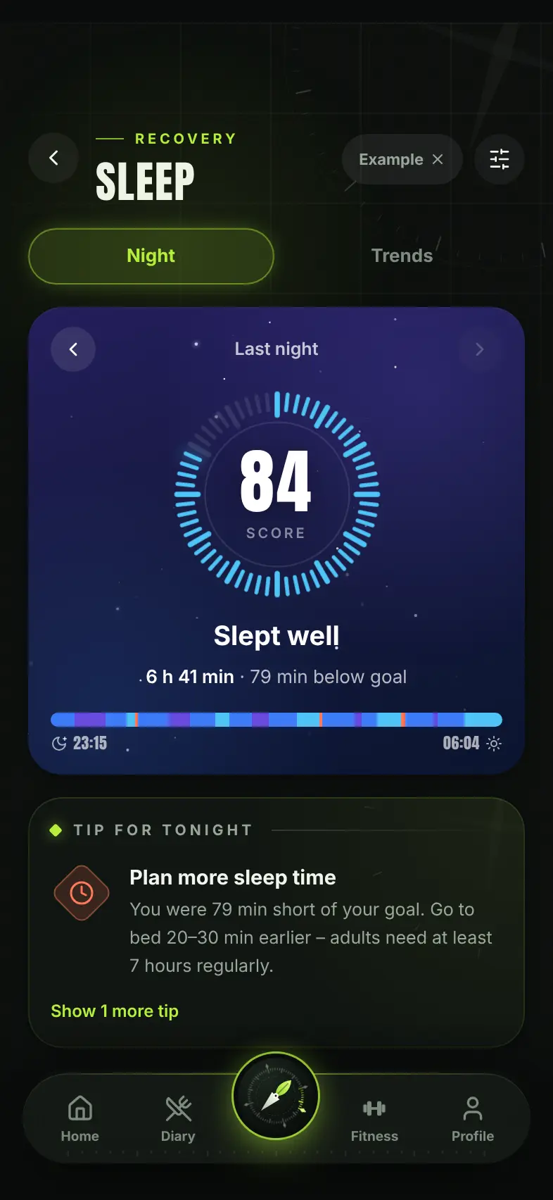 Sleep score 69 with sleep stages