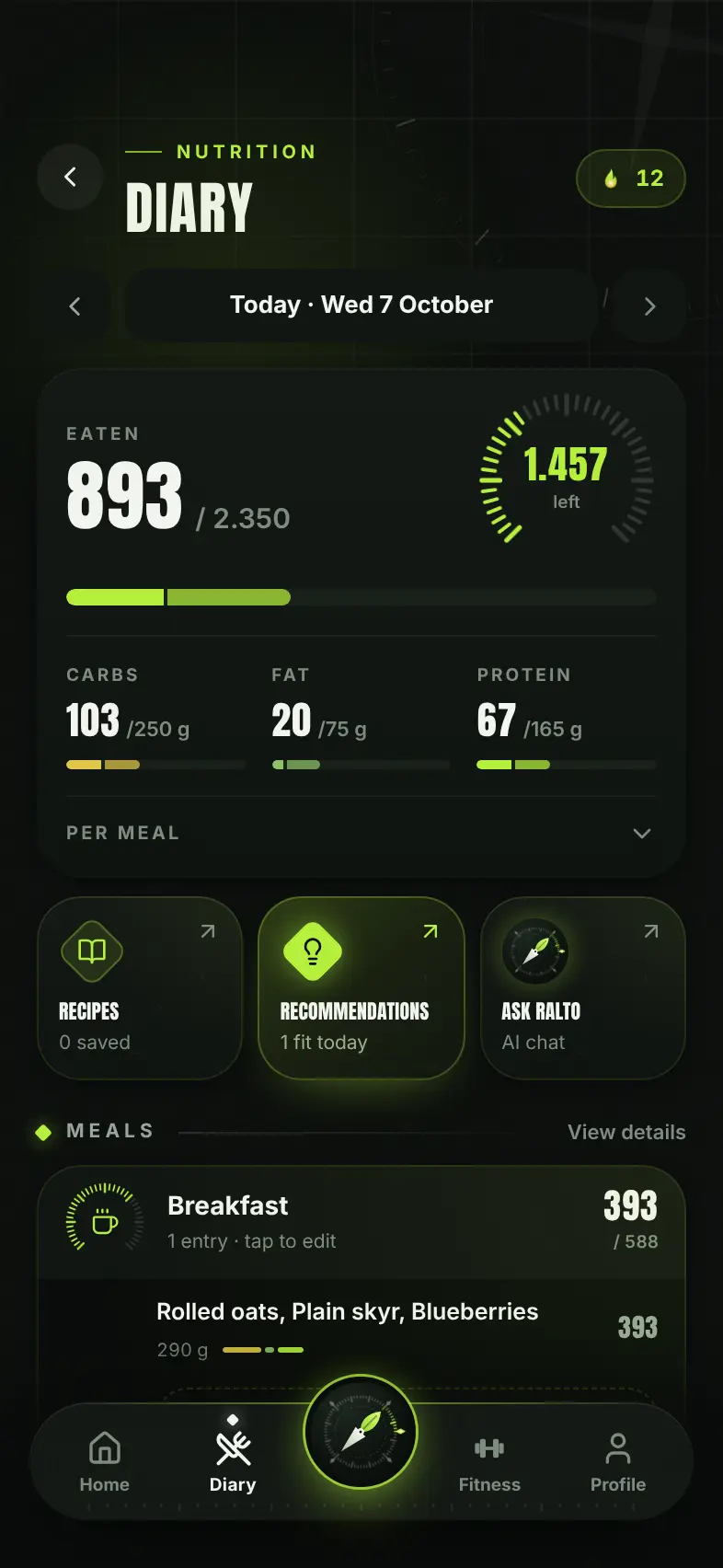 Food diary with macros and meals