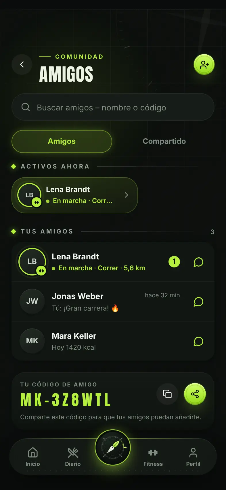 Vista de amigos con entrenamiento en directo